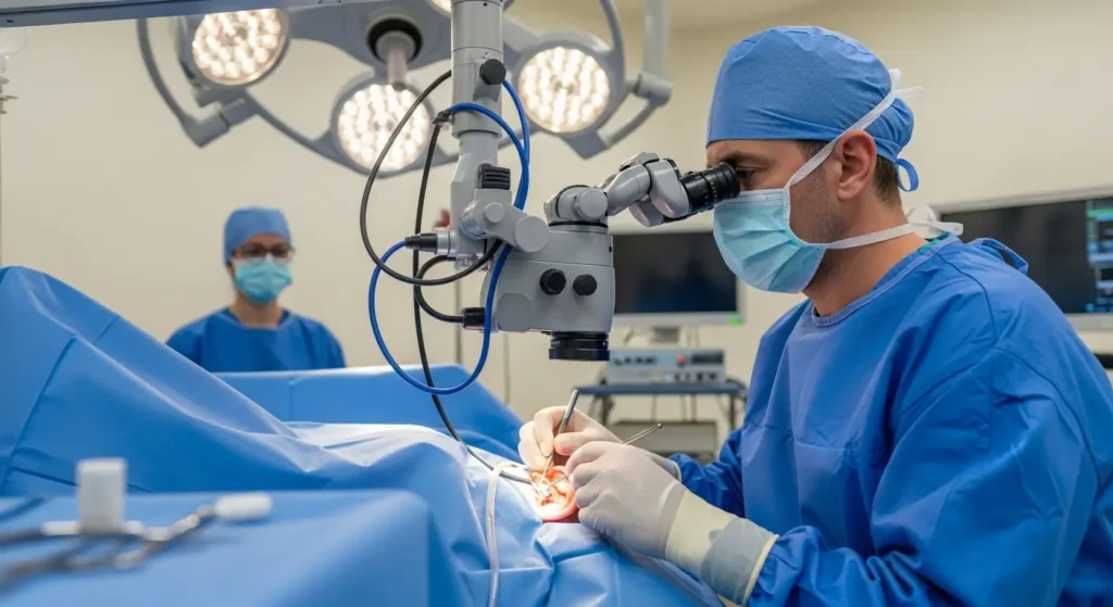 Chirurgien ORL réalisant une myringoplastie en salle de opération