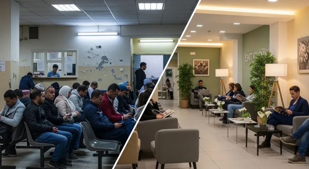Comparaison salle d'attente hôpital public et cabinet ORL privé au Maroc