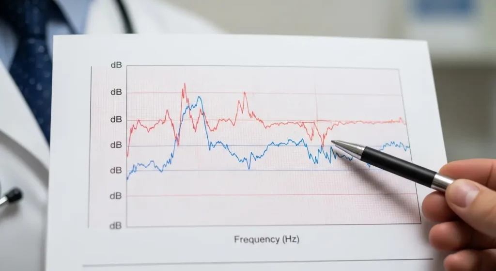 Courbe audiogramme montrant les seuils auditifs en décibels, tenu par un médecin ORL