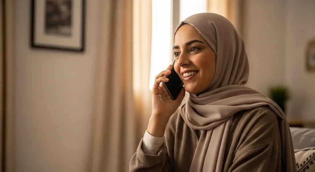 Femme marocaine prenant rendez-vous par téléphone avec un médecin ORL pour un audiogramme