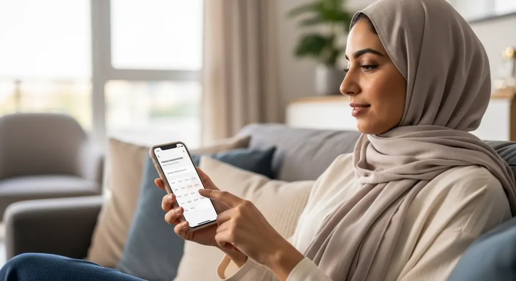 Femme marocaine prenant un rendez-vous chez un ORL en ligne depuis son smartphone