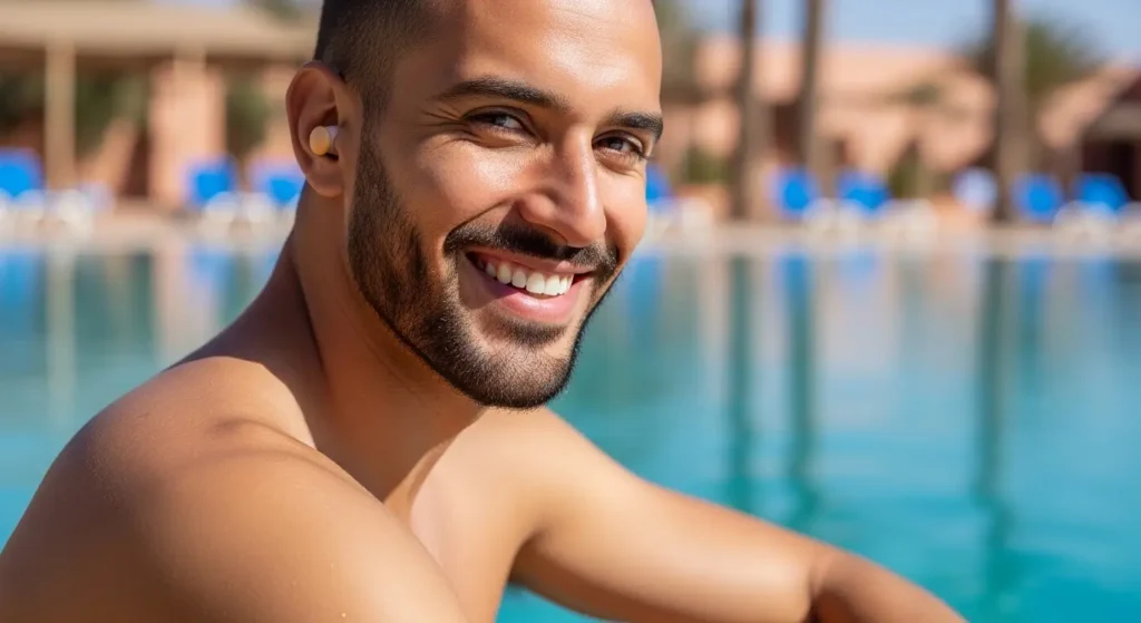 Homme portant des bouchons d'oreille pour protéger ses oreilles lors d'une baignade