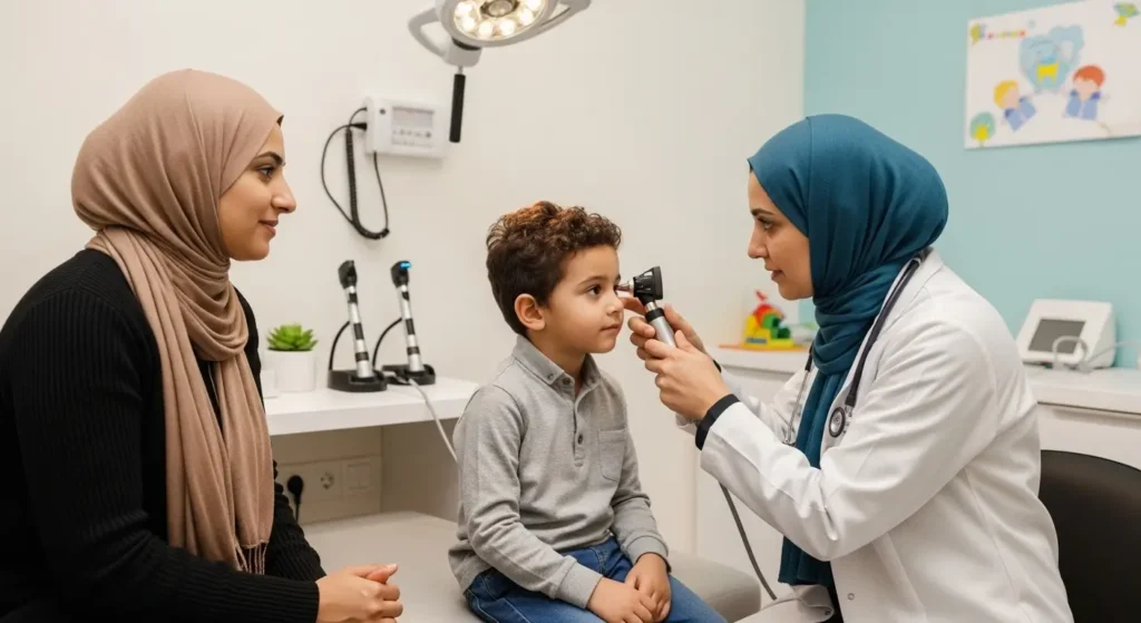 Médecin ORL pédiatrique examinant oreille de enfant en présence de sa mère dans un cabinet médical au Maroc