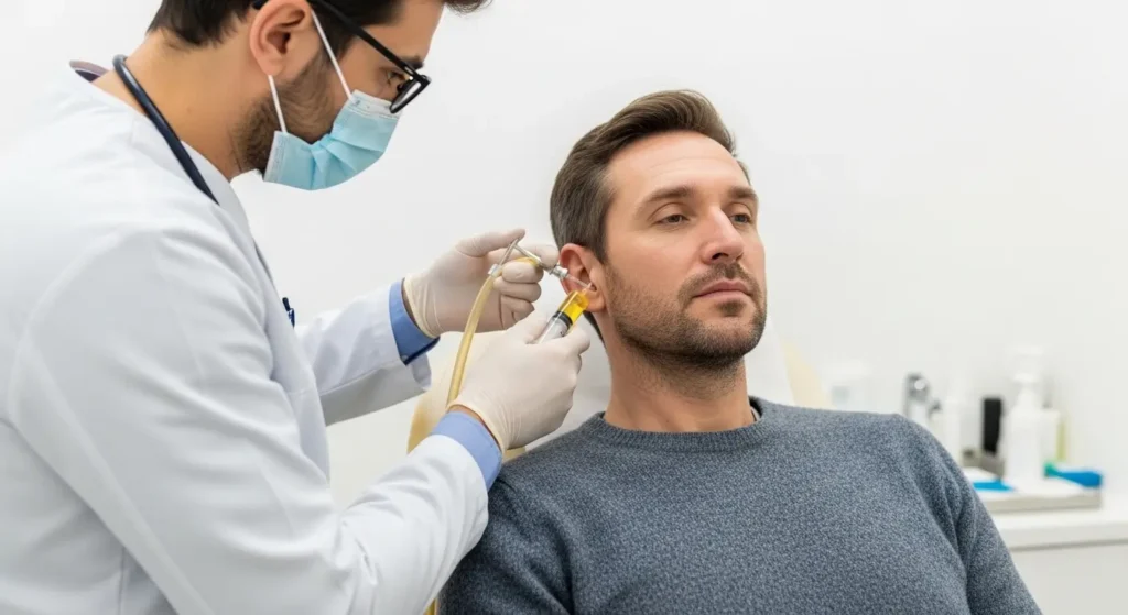 Médecin réalisant un lavage auriculaire par irrigation sur un patient adulte