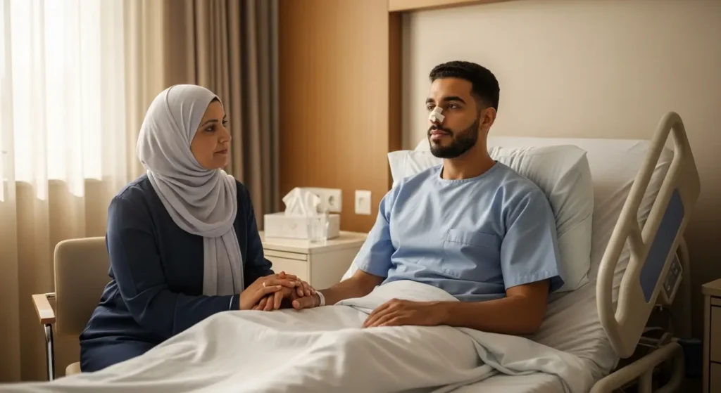 Patient en convalescence après une opération de la sinusite dans une clinique marocaine