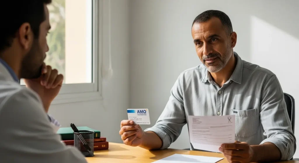 Patient marocain présentant sa carte AMO pour remboursement de acte médical