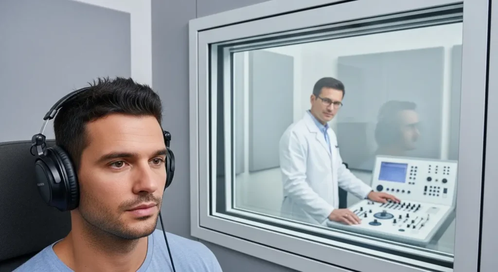 Patient passant un audiogramme dans une cabine insonorisée dans un centre ORL au Maroc