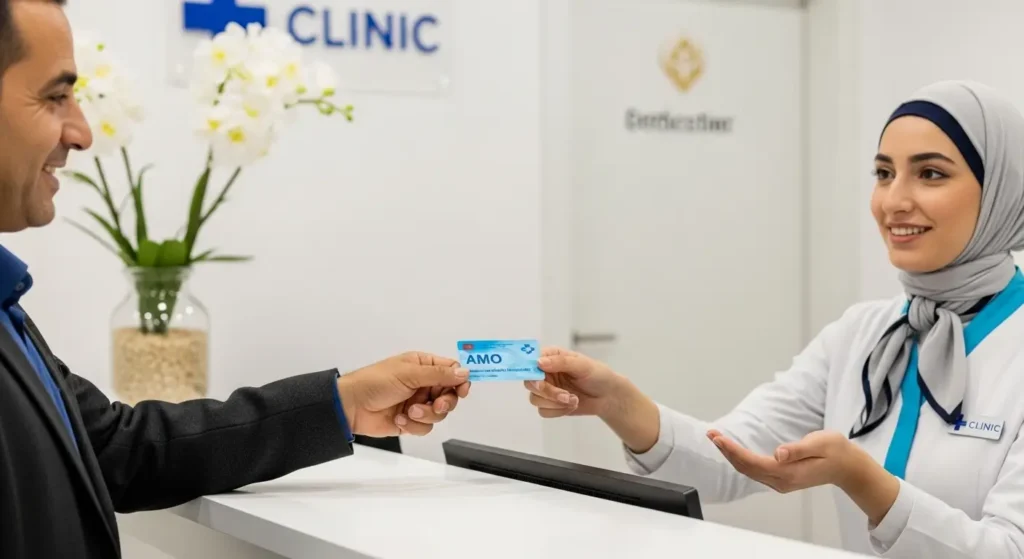 Patient présentant sa carte AMO à accueil d'un cabinet ORL privé au Maroc