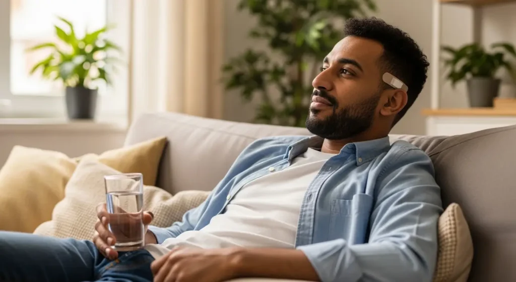 Patiente en convalescence à domicile après opération du tympan