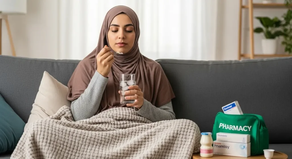 Patiente en convalescence après un traitement laser des amygdales, suivant les consignes post-opératoires