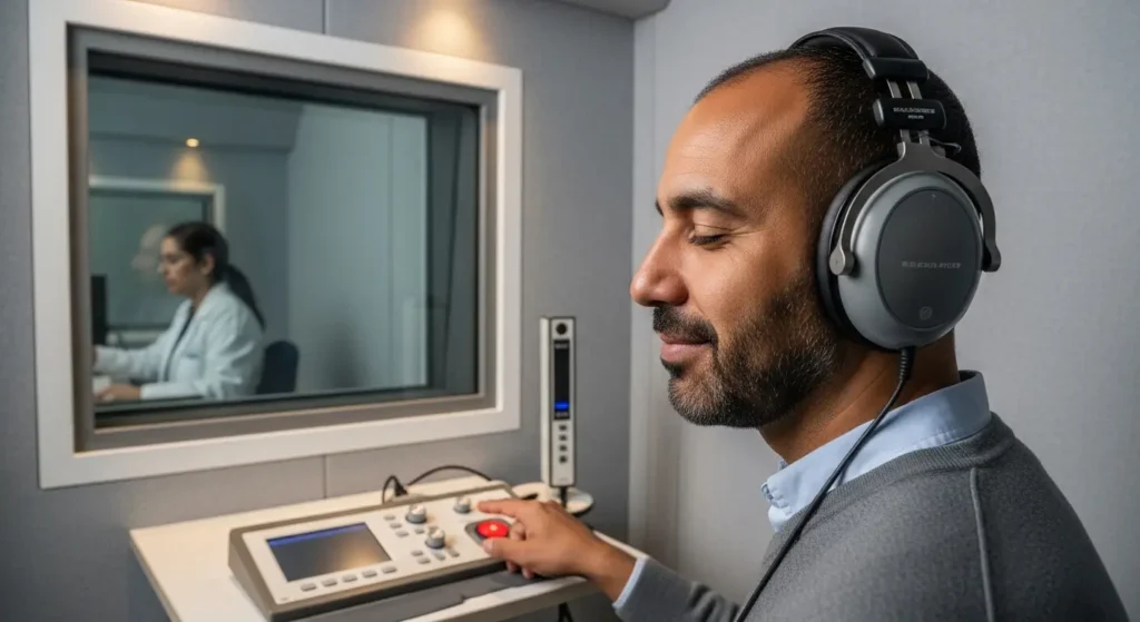 Patiente marocaine portant un casque audiométrique lors de test auditif dans une cabine insonorisée