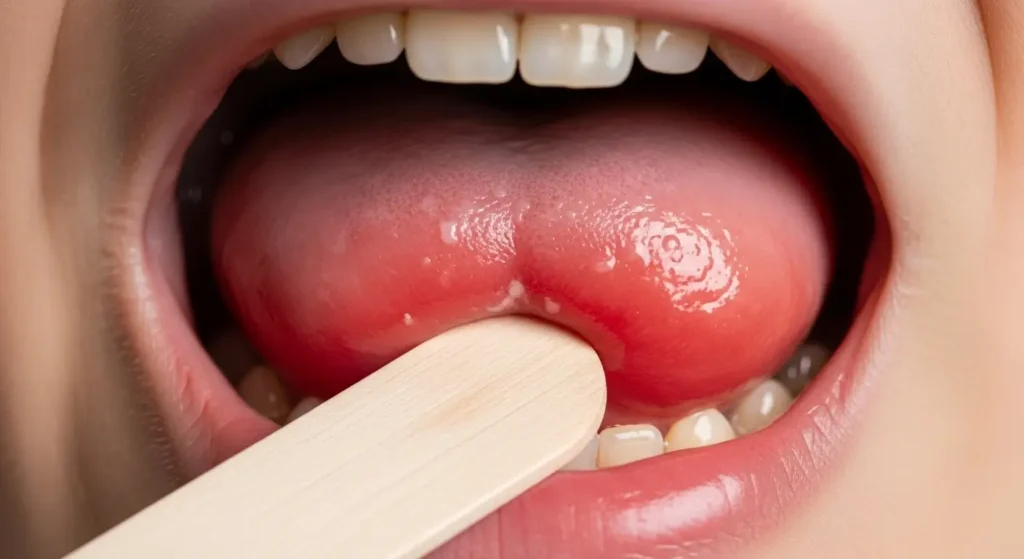 Amygdales hypertrophiées et enflammées visibles lors d'un examen ORL — indication d'amygdalectomie