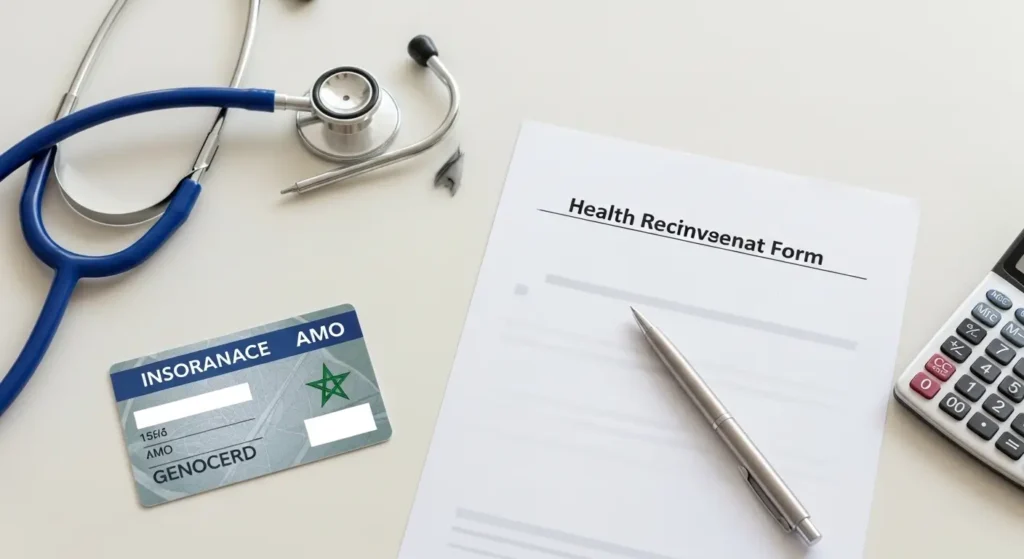 Carte AMO, formulaire de remboursement et stéthoscope — prise en charge amygdalectomie Maroc
