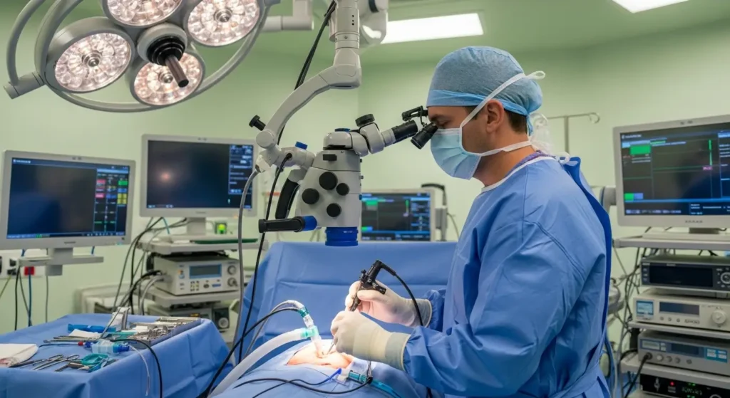 Chirurgien ORL réalisant une microlaryngoscopie en suspension sous microscope opératoire