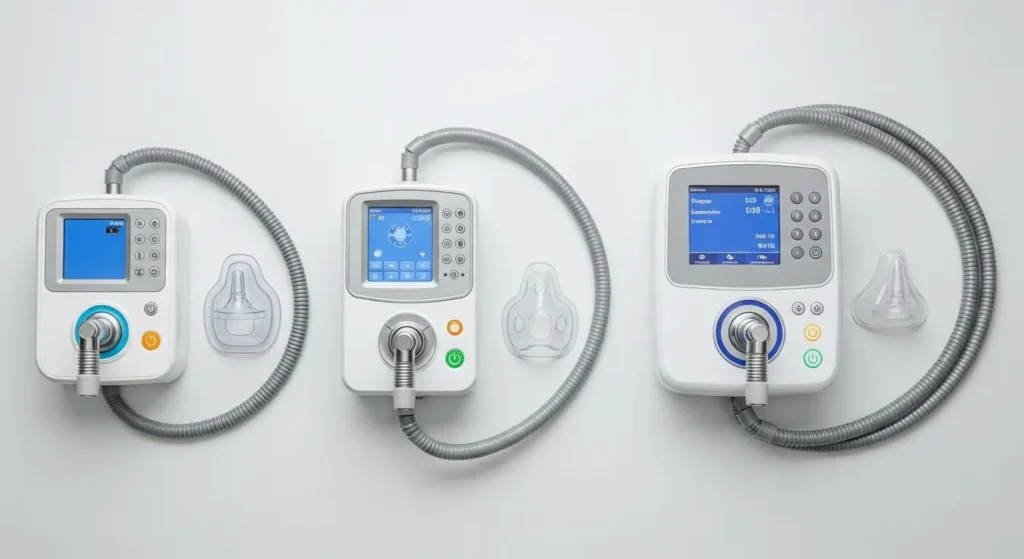 Comparaison trois types appareils PPC CPAP Auto-PPC BiPAP et masques respiratoires