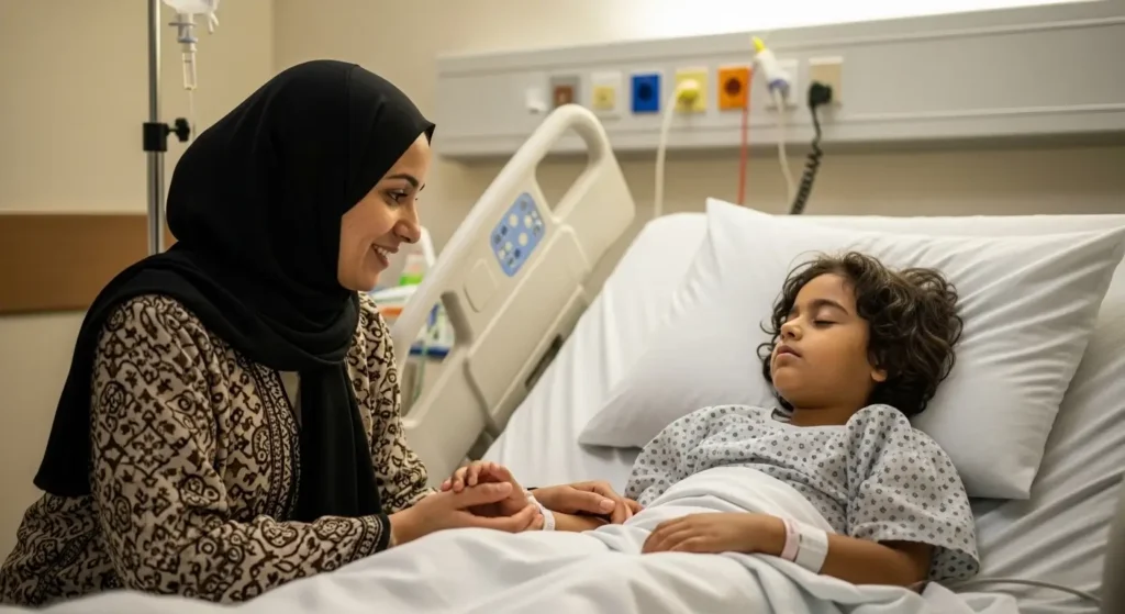 Enfant marocain en convalescence après amygdalectomie — accompagnement maternel à la clinique