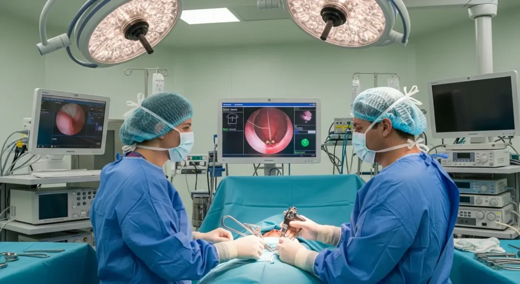 Équipe médicale ORL en salle d opération au Maroc préparant un acte chirurgical avec un GlideScope vidéolaryngoscope
