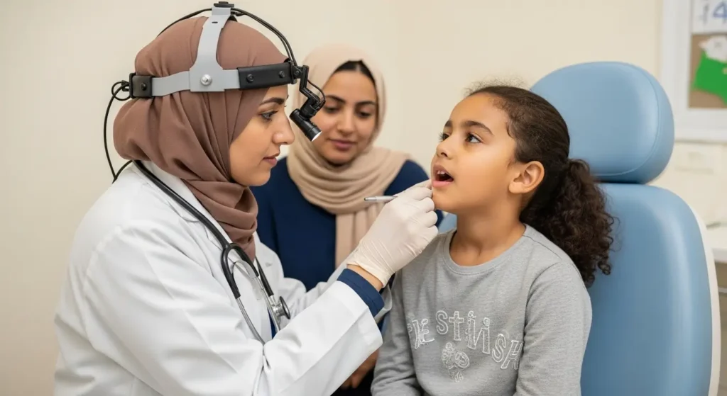 Médecin ORL examinant les amygdales d un enfant marocain lors d une consultation pédiatrique