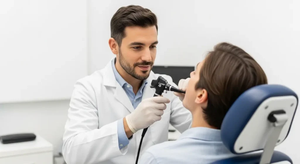 Médecin spécialiste ORL examinant le larynx d un patient avec un laryngoscope en clinique privée au Maroc