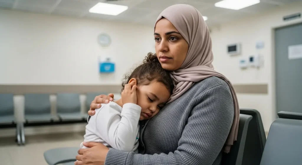 Mère inquiète avec son enfant en salle d'attente médicale — signes d alerte ORL pédiatrique à ne pas ignorer