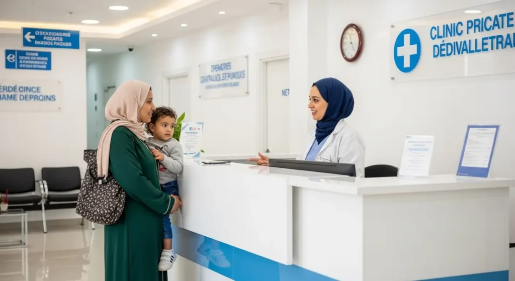 Mère marocaine avec son enfant à l accueil de clinique ORL privée pour une consultation pédiatrique