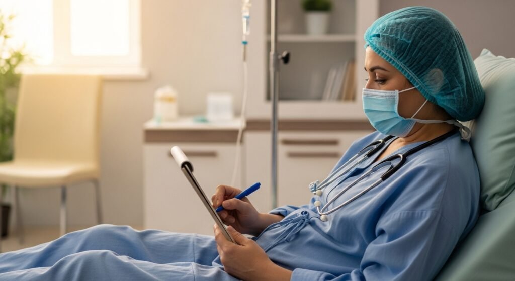 Patient en repos vocal strict après chirurgie des cordes vocales communiquant par écrit