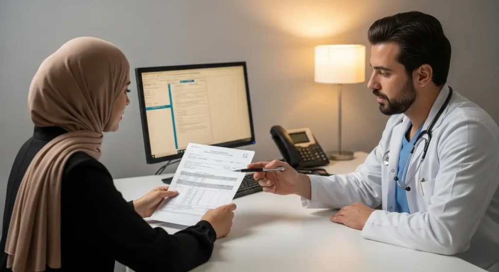 Patient marocain consultant un devis préopératoire ORL avec son médecin dans une clinique privée