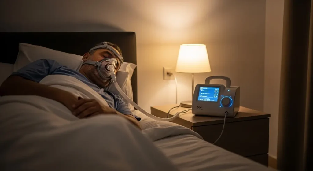 Patient portant masque CPAP la nuit traitement apnée du sommeil appareil PPC