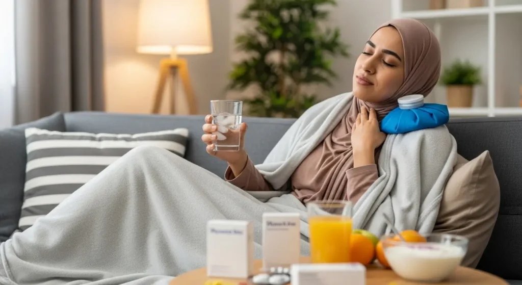 Patiente marocaine en récupération à domicile après une ablation des amygdales