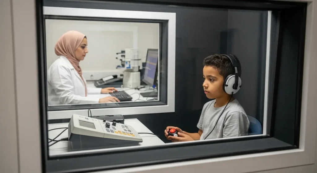 Test d audiométrie pédiatrique chez un enfant marocain dans une cabine insonorisée — examen ORL de l audition